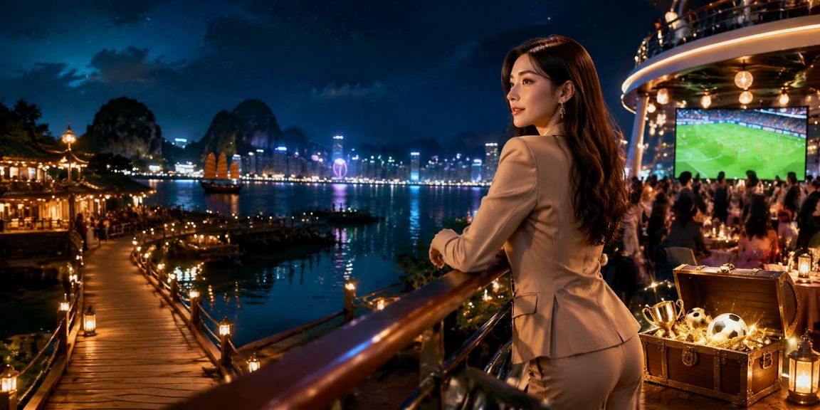 Người dùng theo dõi cá cược bóng đá trên điện thoại với khung cảnh vịnh Hạ Long kỳ vĩ phía sau