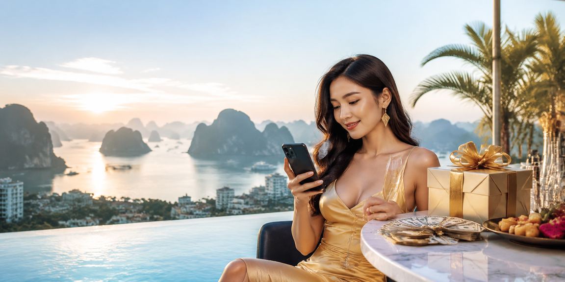 Người dùng trải nghiệm casino trực tuyến trên điện thoại tại Vịnh Hạ Long với phong cảnh biển đảo