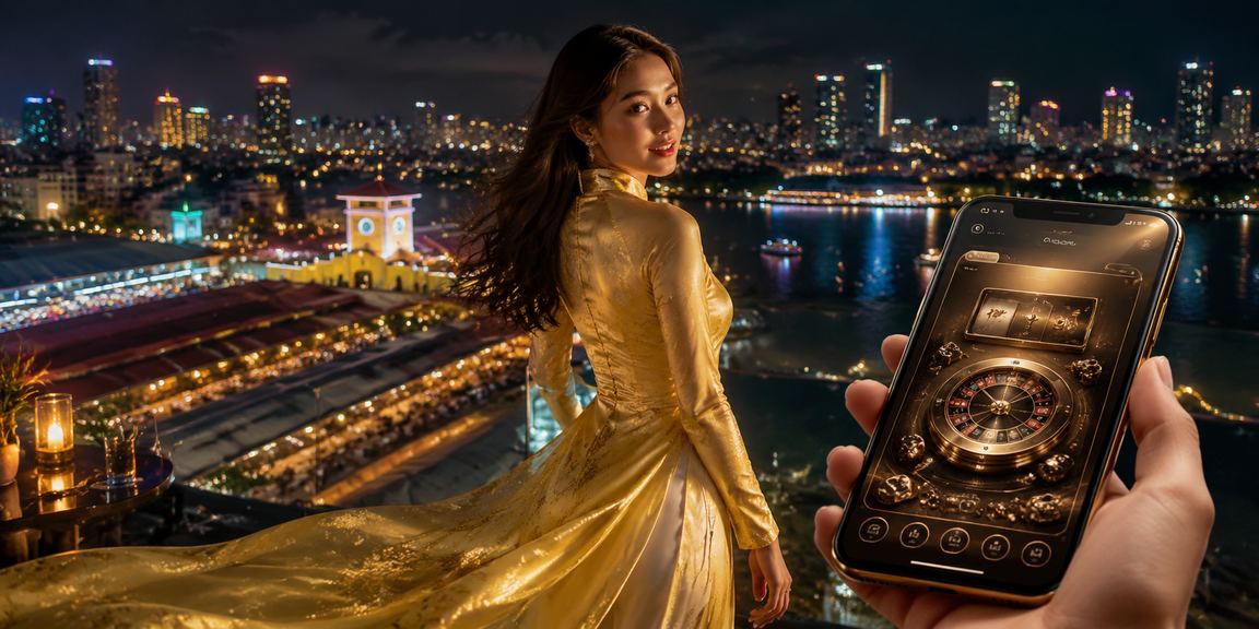 Người dùng trải nghiệm casino trực tuyến trên điện thoại di động tại Thành phố Hồ Chí Minh với áo dài truyền thống
