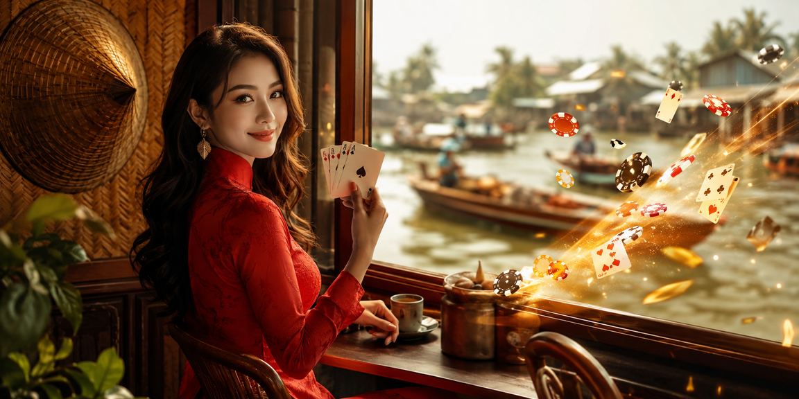 Người phụ nữ mặc áo dài tham gia trò chơi bài truyền thống gợi nhớ văn hóa casino miền Tây Nam Bộ